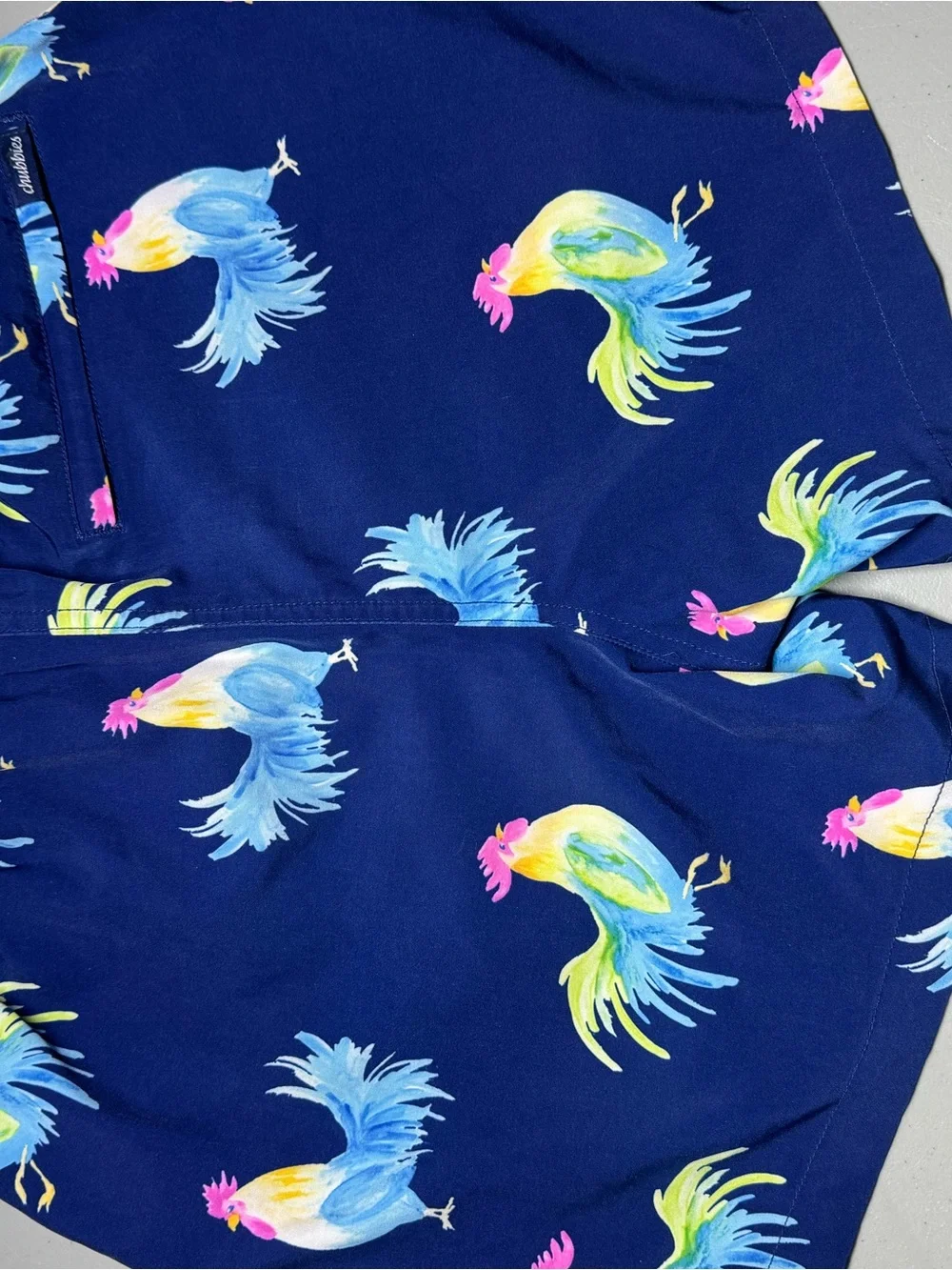Chubbies Men's Navy Rooster Print Swim Trunks with Pink Drawstring